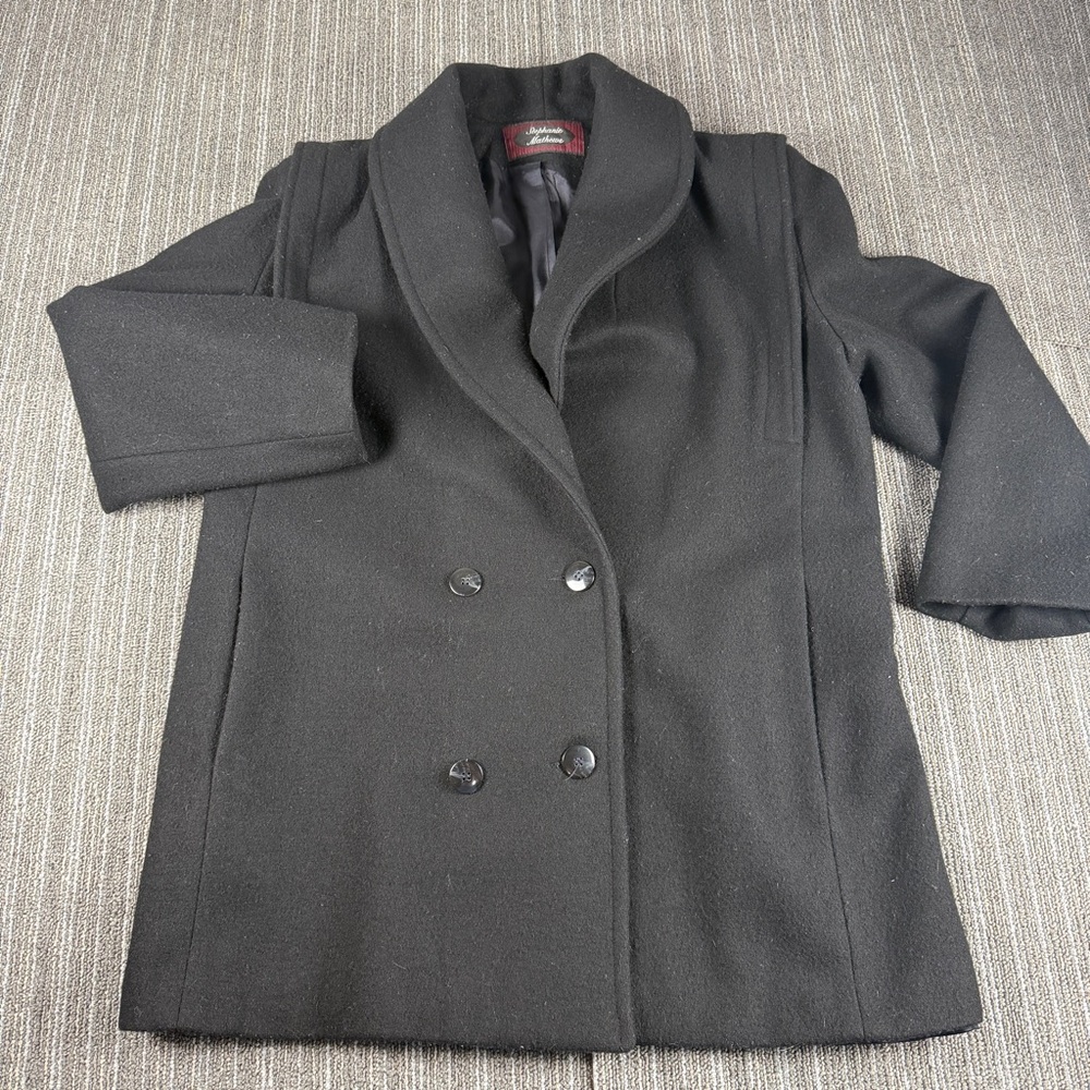Stephanie Mathew’s 100% Wool Double Breasted Pea Coat Elegant Black